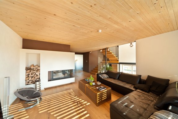 Wohnbereich mit Brettschichtholzdecke und Holzofen